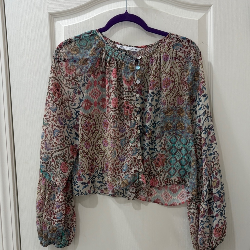 Zara Multicolor Floral Patchwork Button-Front Blo… - image 1